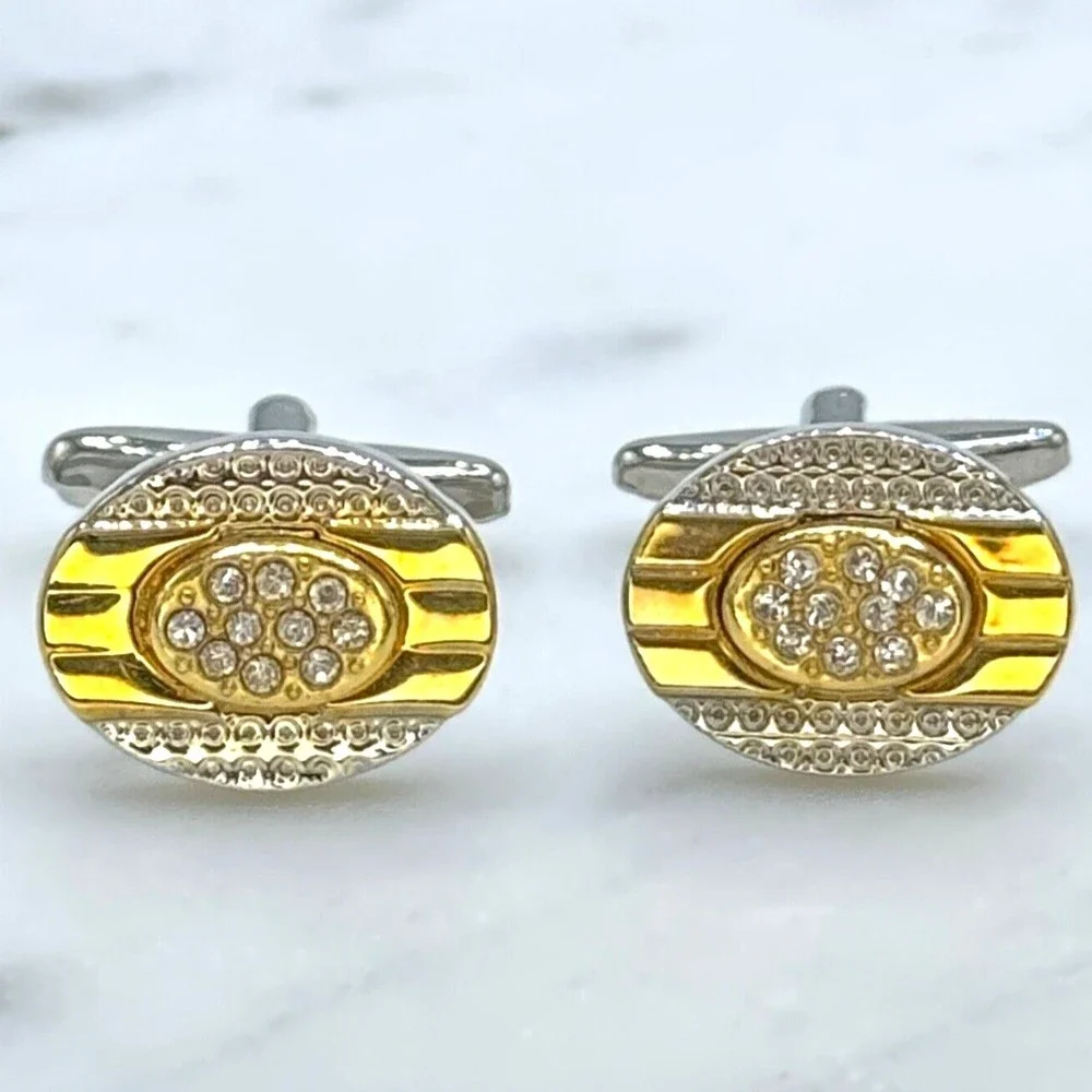 Mens Silver Tone & Gold Tone Clear Rhinestones Oval Bullet Back Cufflinks
